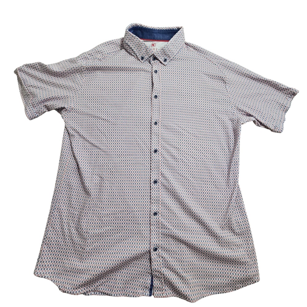 Desoto Button Down Shirt Mens XL White Navy Red Geometric Diamond Short Sleeve